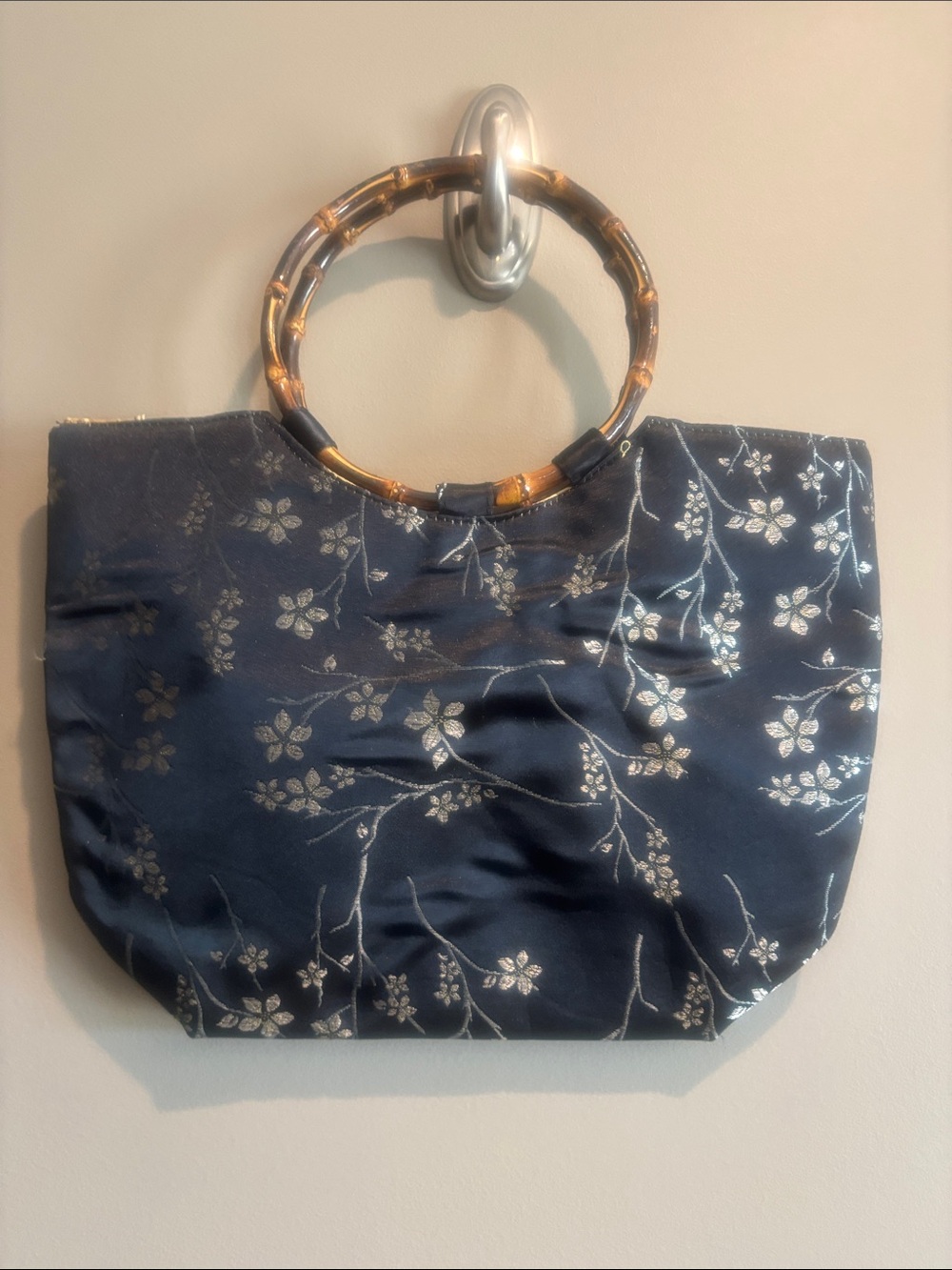 Elegant Navy Floral Satin Tote with Bamboo Handles